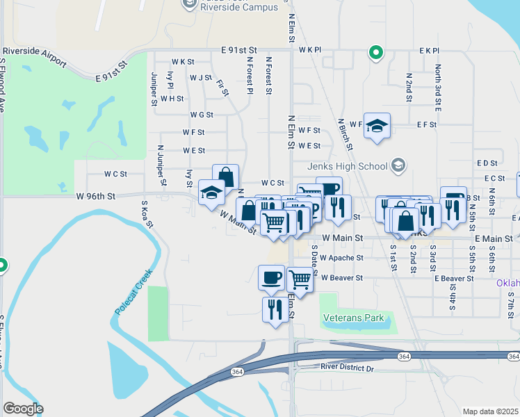 map of restaurants, bars, coffee shops, grocery stores, and more near 758 Plaza Drive in Jenks