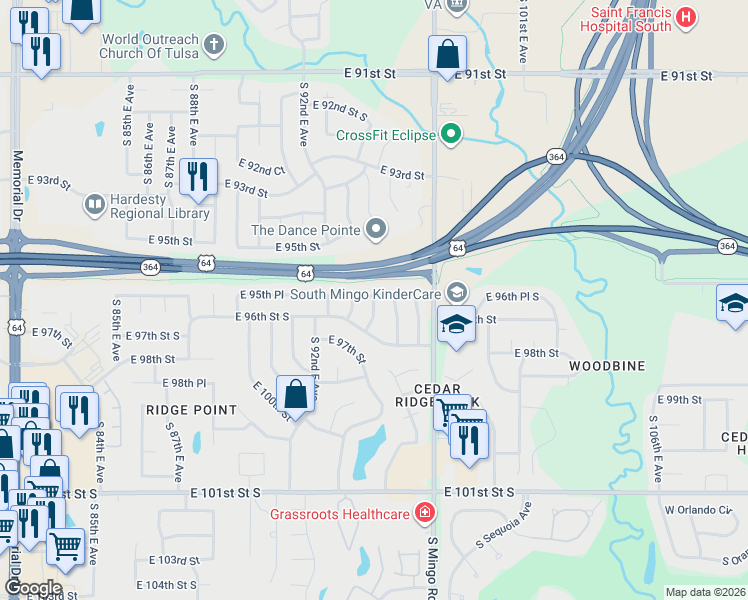 map of restaurants, bars, coffee shops, grocery stores, and more near 9525 East 50th Place in Tulsa