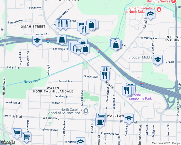 map of restaurants, bars, coffee shops, grocery stores, and more near 1702 Delaware Avenue in Durham
