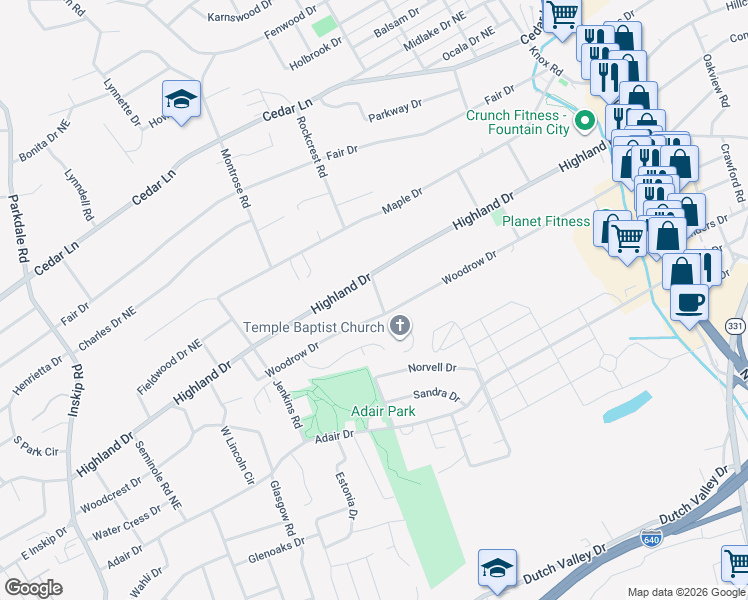 map of restaurants, bars, coffee shops, grocery stores, and more near 4905 Mount Pleasant Road in Knoxville