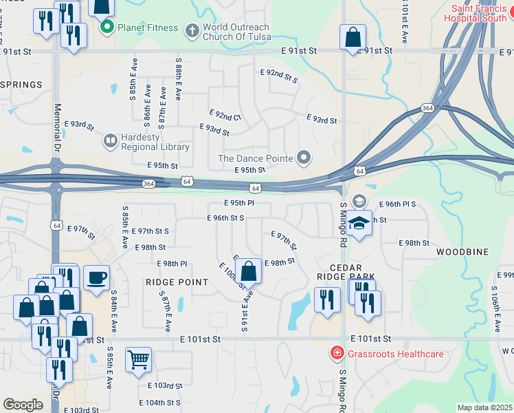 map of restaurants, bars, coffee shops, grocery stores, and more near 8964 East 95th Place in Tulsa