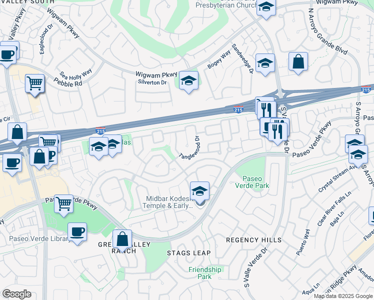 map of restaurants, bars, coffee shops, grocery stores, and more near 104 Tanglewood Drive in Henderson