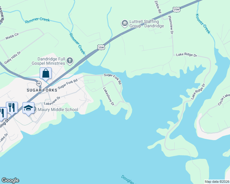 map of restaurants, bars, coffee shops, grocery stores, and more near 743 Garrett Rd in Dandridge