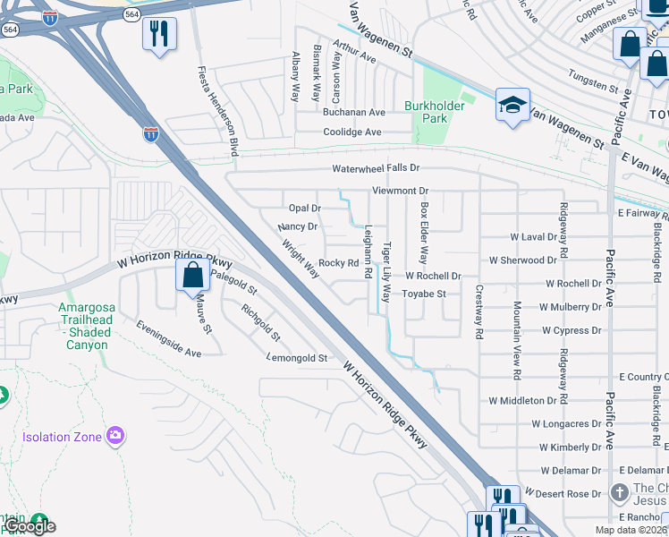 map of restaurants, bars, coffee shops, grocery stores, and more near 415 Rocky Road in Henderson