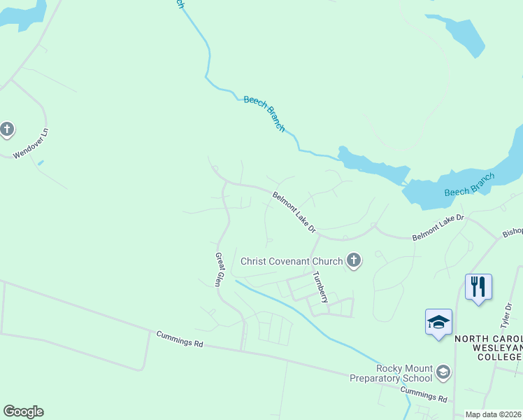 map of restaurants, bars, coffee shops, grocery stores, and more near 144 Ascot in Rocky Mount
