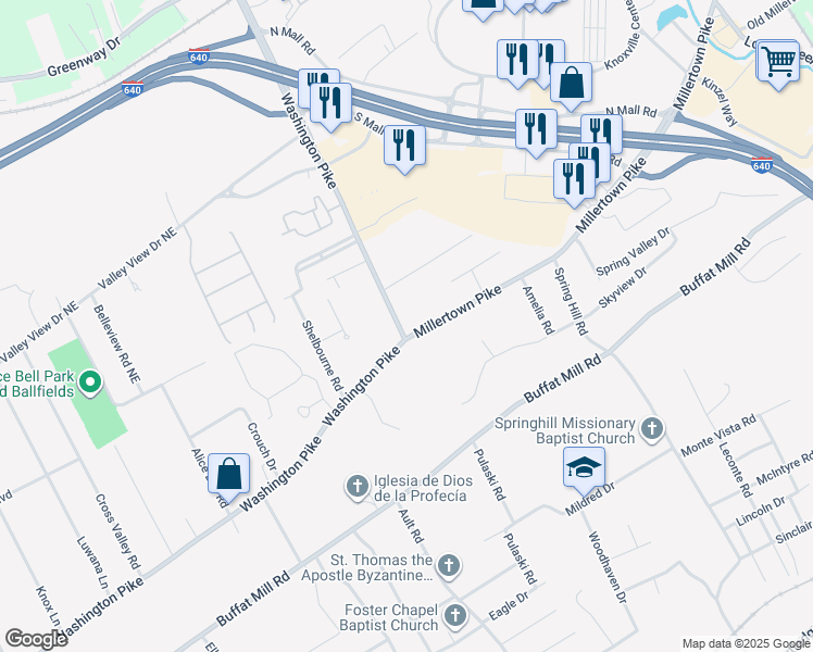 map of restaurants, bars, coffee shops, grocery stores, and more near 4501 Millertown Pike in Knoxville