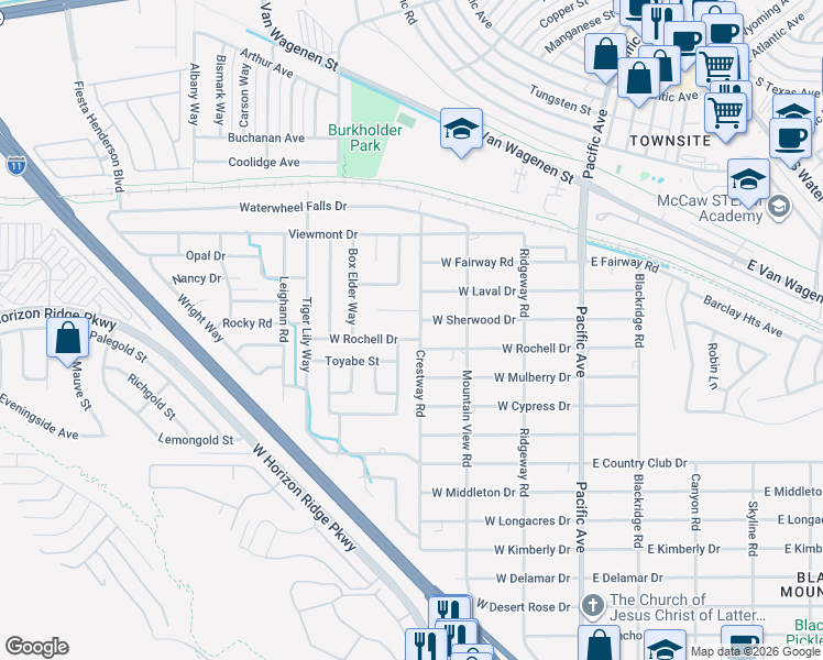 map of restaurants, bars, coffee shops, grocery stores, and more near 446 Crestway Road in Henderson