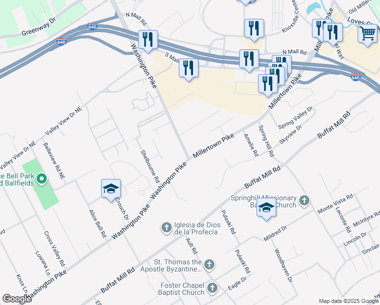 map of restaurants, bars, coffee shops, grocery stores, and more near 4501 Millertown Pike in Knoxville