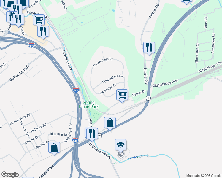 map of restaurants, bars, coffee shops, grocery stores, and more near 5408 Parkridge Drive in Knoxville
