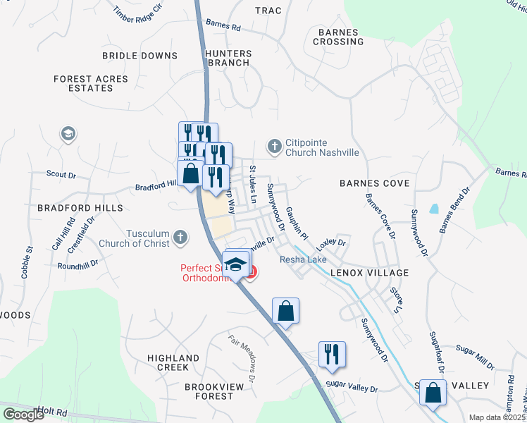map of restaurants, bars, coffee shops, grocery stores, and more near 7740 Porter House Drive in Nashville