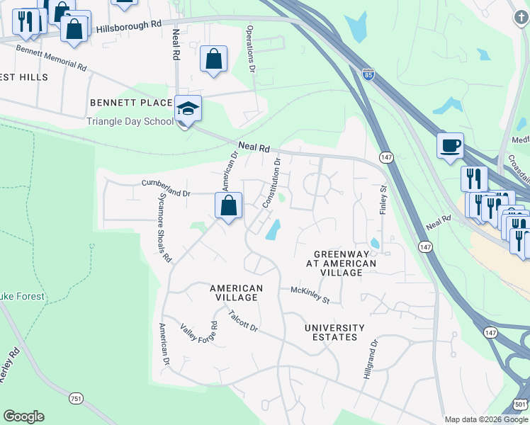 map of restaurants, bars, coffee shops, grocery stores, and more near 66 Argonaut Drive in Durham