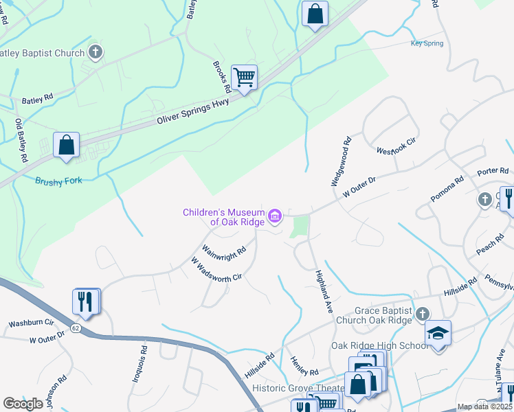 map of restaurants, bars, coffee shops, grocery stores, and more near 476 West Outer Drive in Oak Ridge