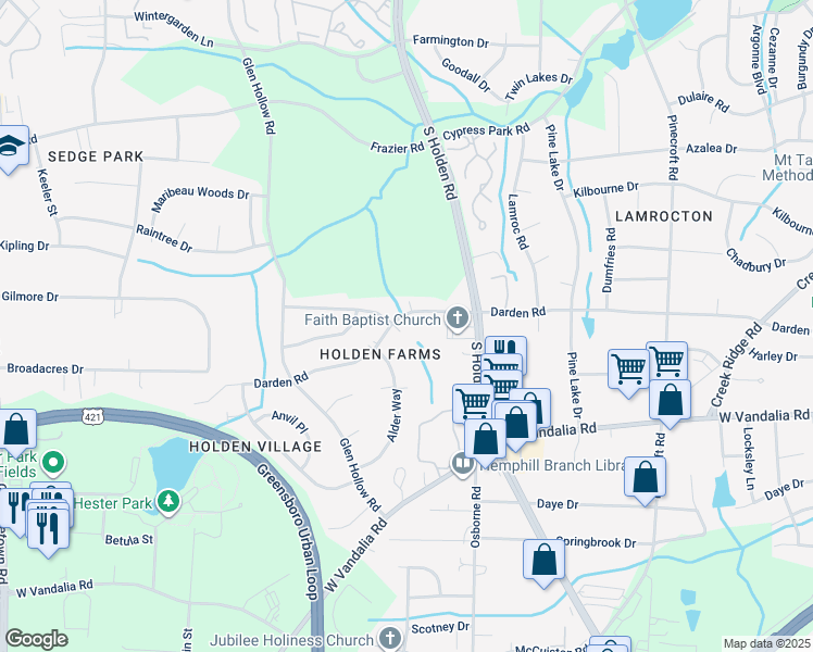 map of restaurants, bars, coffee shops, grocery stores, and more near 3107 Darden Road in Greensboro