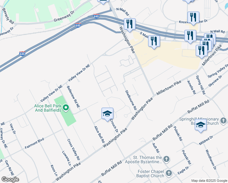 map of restaurants, bars, coffee shops, grocery stores, and more near 3204 Lightspring Lane in Knoxville