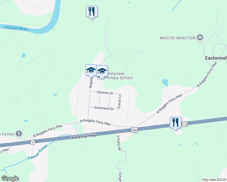 map of restaurants, bars, coffee shops, grocery stores, and more near 6937 Clowers Drive in Knoxville