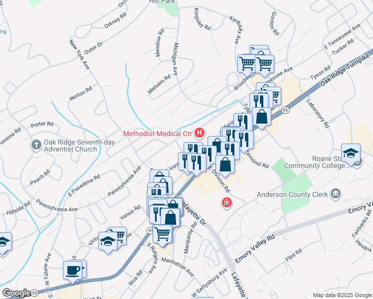 map of restaurants, bars, coffee shops, grocery stores, and more near 990 Oak Ridge Turnpike in Oak Ridge