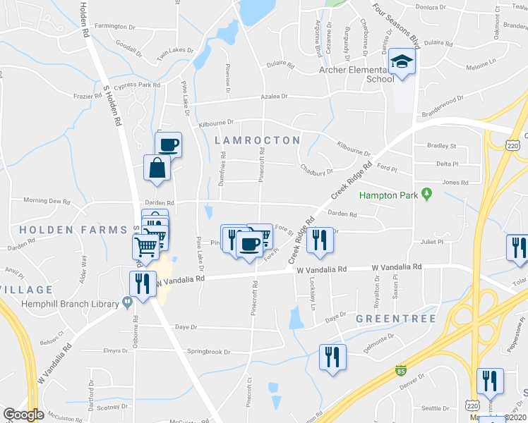 map of restaurants, bars, coffee shops, grocery stores, and more near 2703 Pinecroft Road in Greensboro