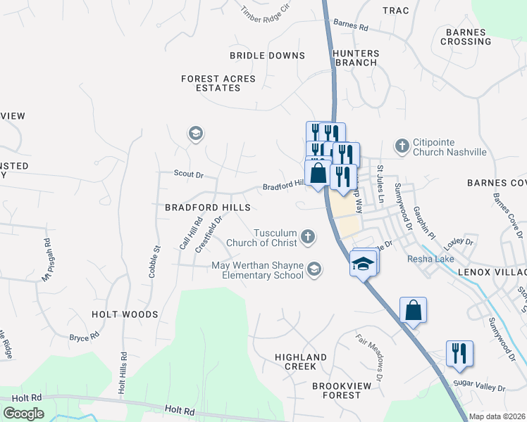 map of restaurants, bars, coffee shops, grocery stores, and more near 825 Cold Creek Trail in Nashville