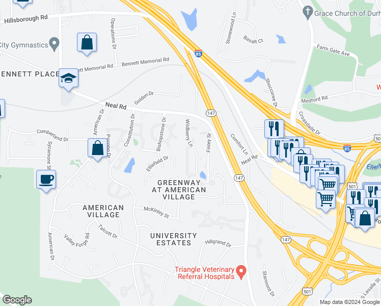 map of restaurants, bars, coffee shops, grocery stores, and more near 7 Prestwick Place in Durham