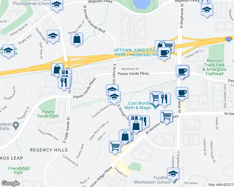 map of restaurants, bars, coffee shops, grocery stores, and more near 1599 Deer Meadow Drive in Henderson