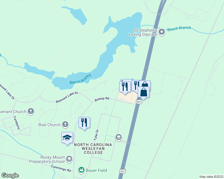 map of restaurants, bars, coffee shops, grocery stores, and more near 160 Savannah Court in Rocky Mount