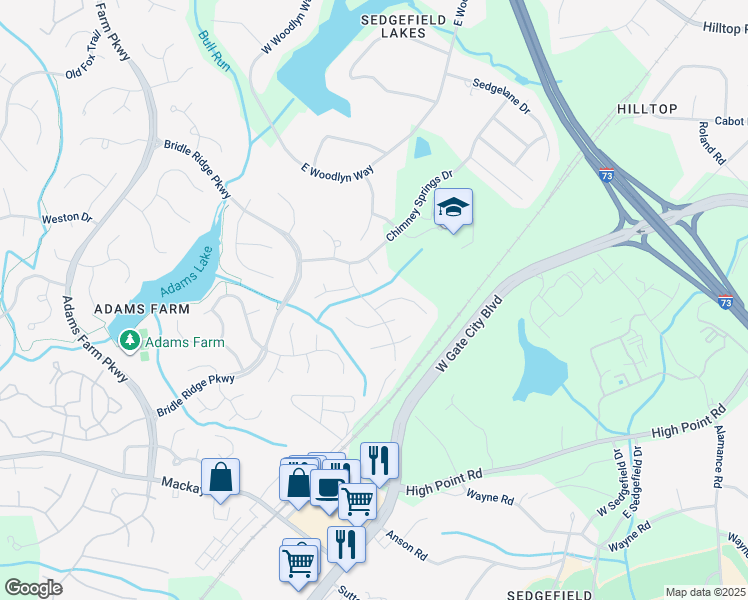 map of restaurants, bars, coffee shops, grocery stores, and more near 4902 Heritage Woods Drive in Greensboro