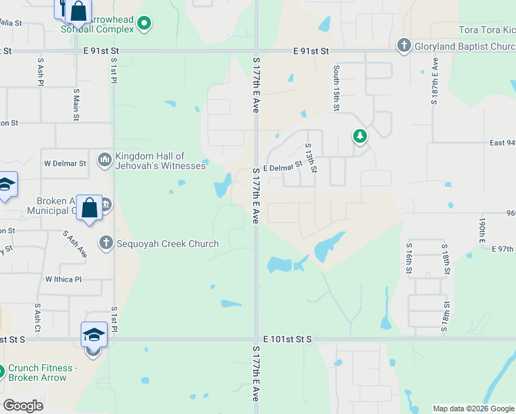 map of restaurants, bars, coffee shops, grocery stores, and more near 9607-9739 South 177th East Avenue in Broken Arrow