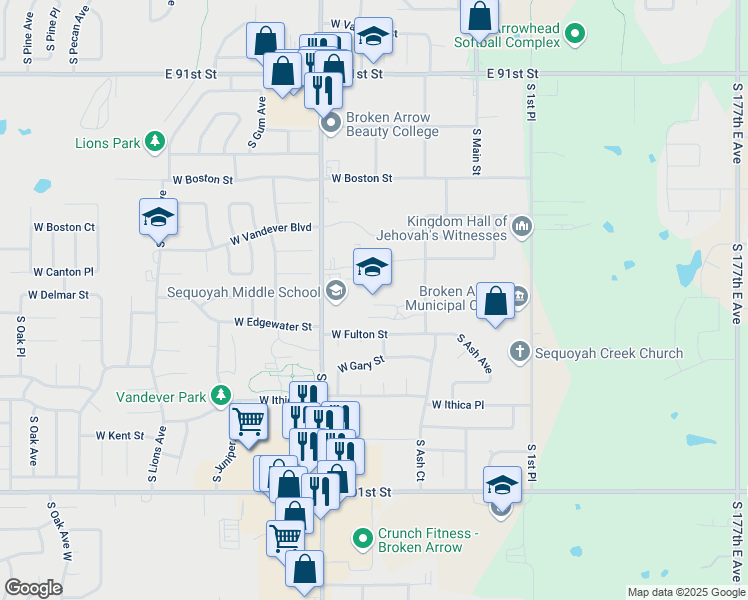 map of restaurants, bars, coffee shops, grocery stores, and more near 2701 South Elm Place in Broken Arrow