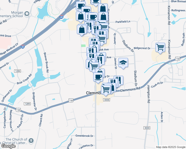 map of restaurants, bars, coffee shops, grocery stores, and more near 2690 Lewisville Clemmons Road in Clemmons