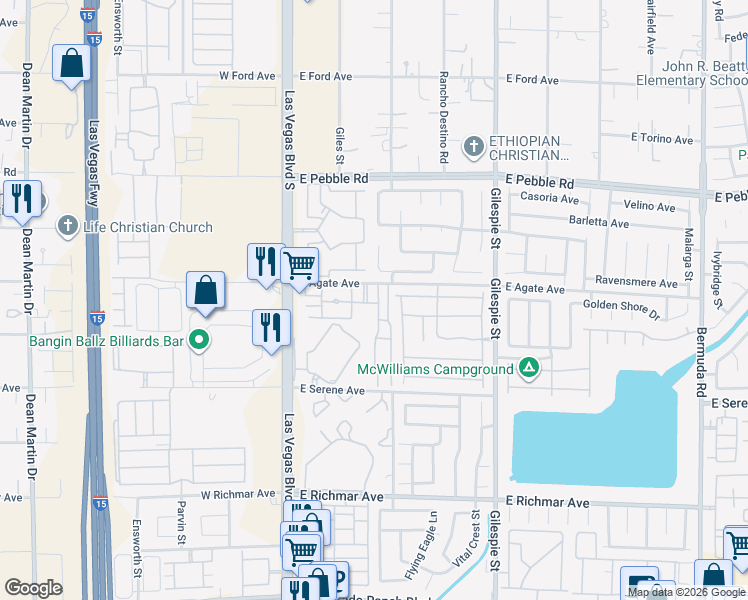 map of restaurants, bars, coffee shops, grocery stores, and more near 91 East Agate Avenue in Las Vegas