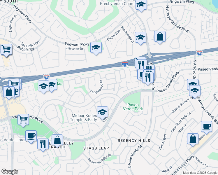 map of restaurants, bars, coffee shops, grocery stores, and more near 45 Tanglewood Drive in Henderson