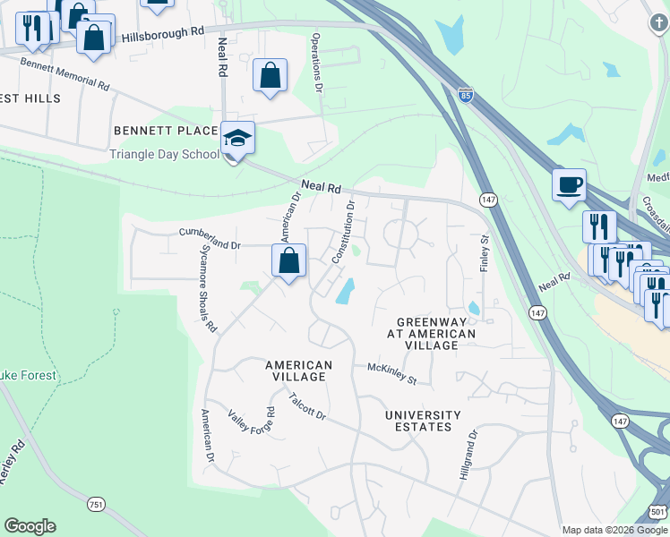 map of restaurants, bars, coffee shops, grocery stores, and more near 66 Argonaut Drive in Durham