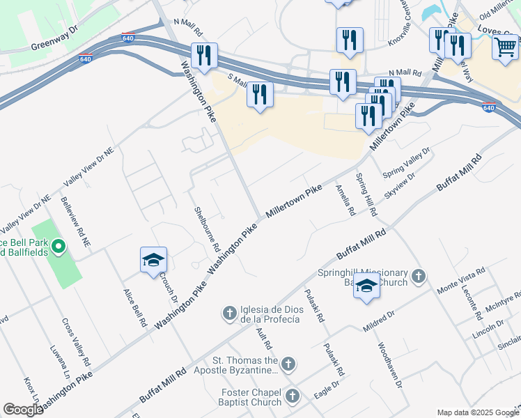 map of restaurants, bars, coffee shops, grocery stores, and more near 4501 Millertown Pike in Knoxville