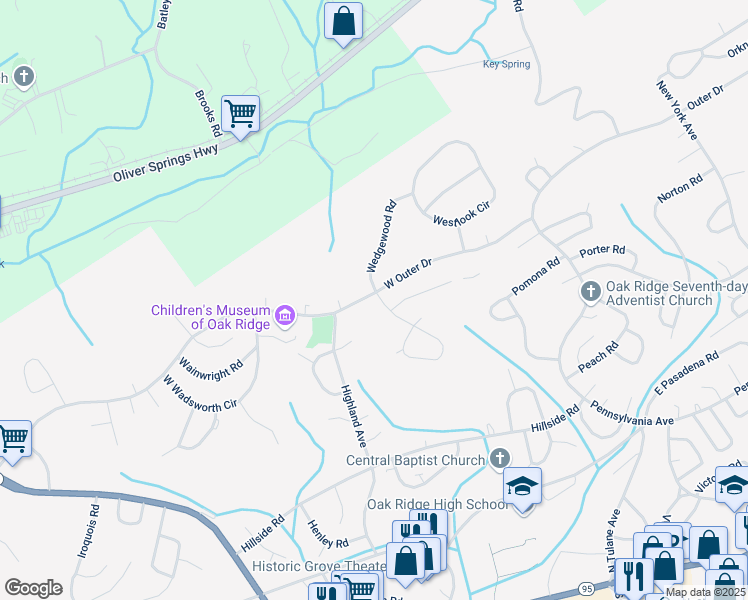 map of restaurants, bars, coffee shops, grocery stores, and more near 419 West Outer Drive in Oak Ridge