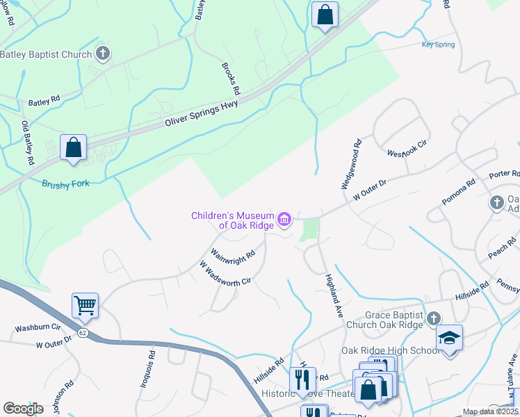 map of restaurants, bars, coffee shops, grocery stores, and more near 476 West Outer Drive in Oak Ridge
