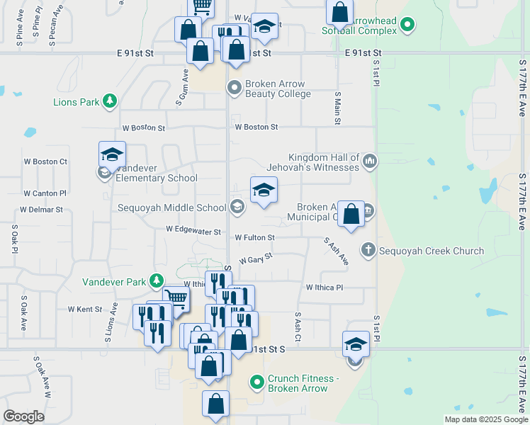 map of restaurants, bars, coffee shops, grocery stores, and more near 2701 South Elm Place in Broken Arrow