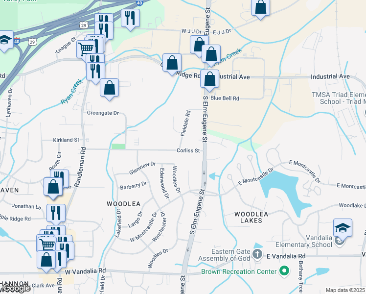 map of restaurants, bars, coffee shops, grocery stores, and more near 112 Corliss Street in Greensboro