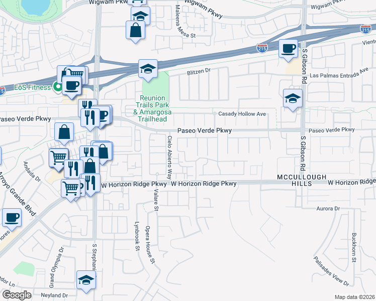 map of restaurants, bars, coffee shops, grocery stores, and more near 178 Thunder Plains Way in Henderson