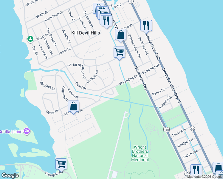 map of restaurants, bars, coffee shops, grocery stores, and more near 1403 Pirates Loop in Kill Devil Hills