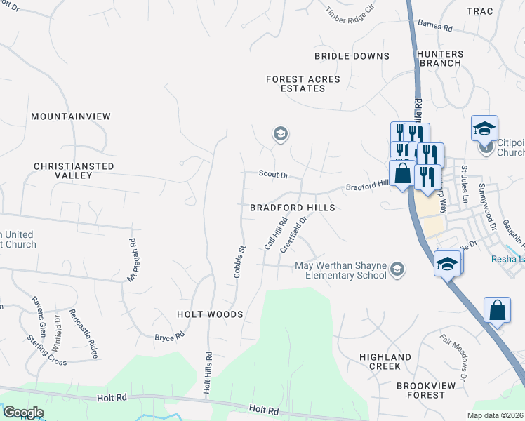 map of restaurants, bars, coffee shops, grocery stores, and more near 6137 Bradford Hills Drive in Nashville