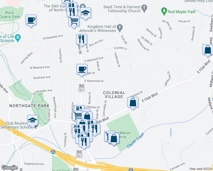map of restaurants, bars, coffee shops, grocery stores, and more near 2609 Cascadilla Street in Durham
