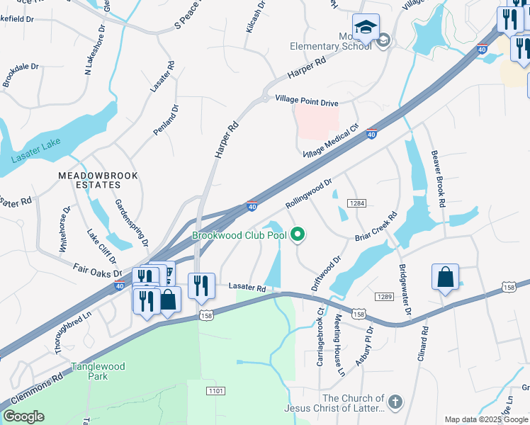 map of restaurants, bars, coffee shops, grocery stores, and more near 6822 Rollingwood Drive in Clemmons