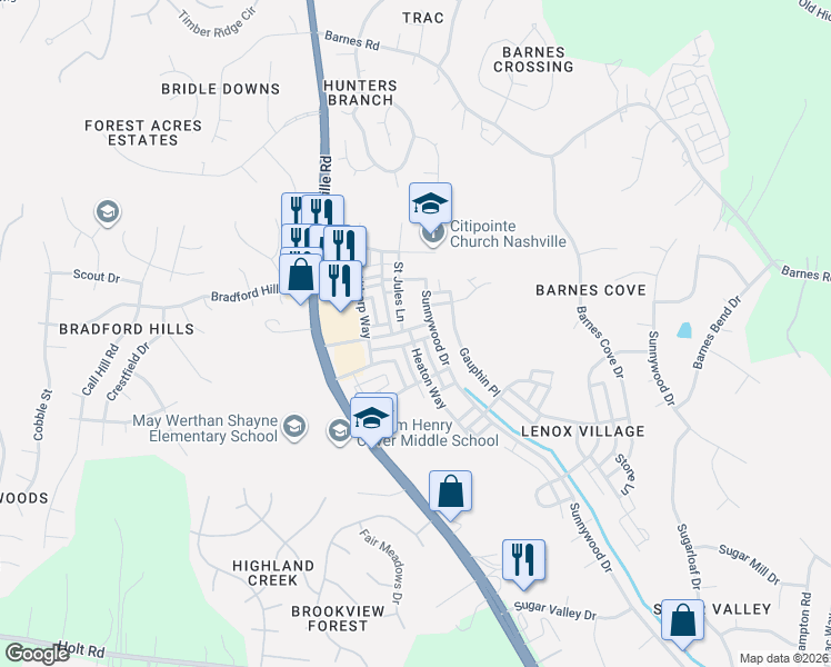 map of restaurants, bars, coffee shops, grocery stores, and more near 7740 Porter House Drive in Nashville