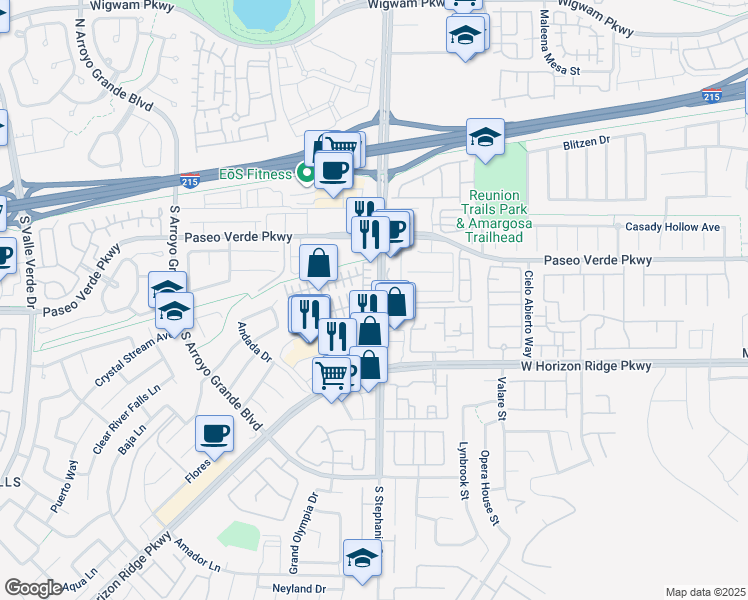 map of restaurants, bars, coffee shops, grocery stores, and more near 140 South Stephanie Street in Henderson