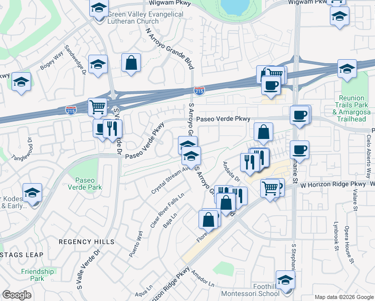 map of restaurants, bars, coffee shops, grocery stores, and more near 1599 Deer Meadow Drive in Henderson