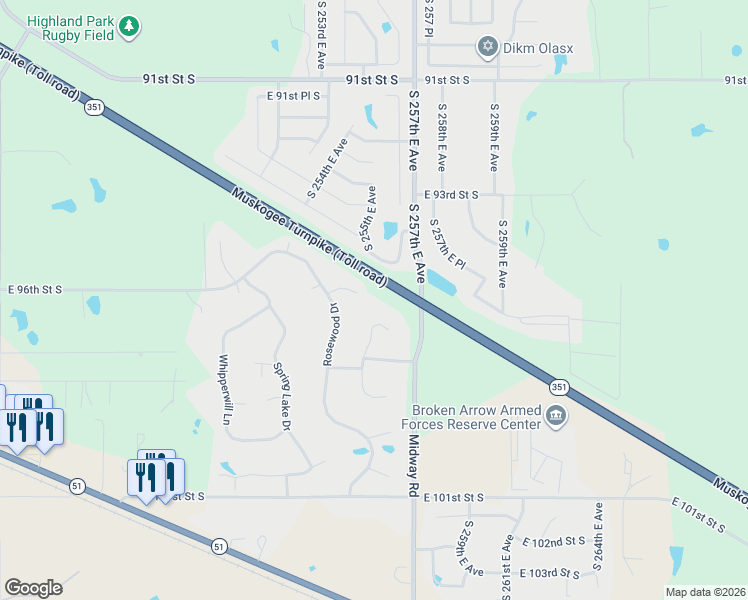 map of restaurants, bars, coffee shops, grocery stores, and more near 25560 Aspen Court in Broken Arrow