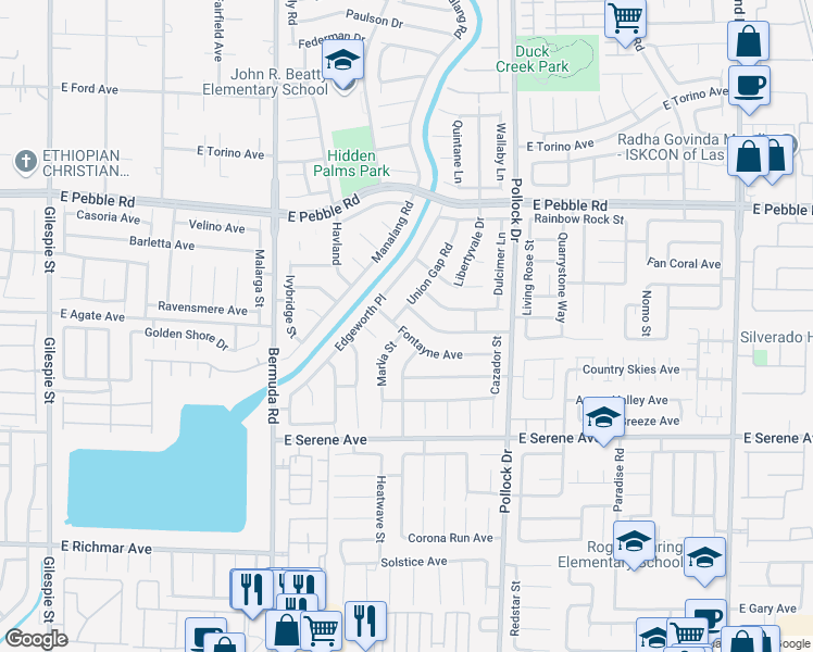 map of restaurants, bars, coffee shops, grocery stores, and more near 640 Fontayne Avenue in Las Vegas