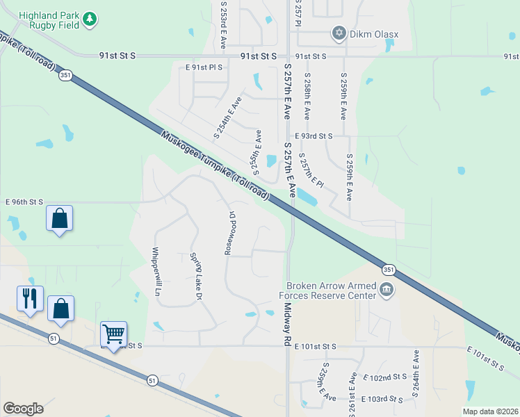 map of restaurants, bars, coffee shops, grocery stores, and more near 25560 Aspen Court in Broken Arrow