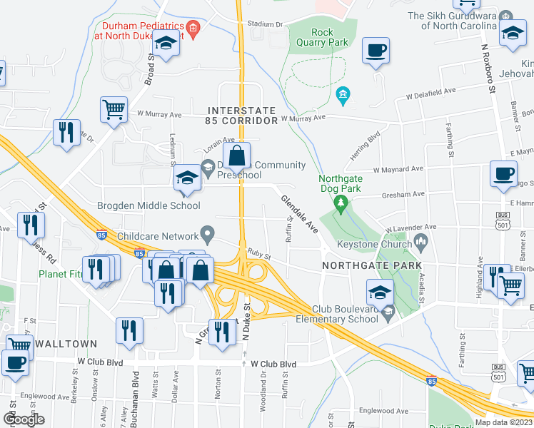 map of restaurants, bars, coffee shops, grocery stores, and more near 714 Hudson Avenue in Durham