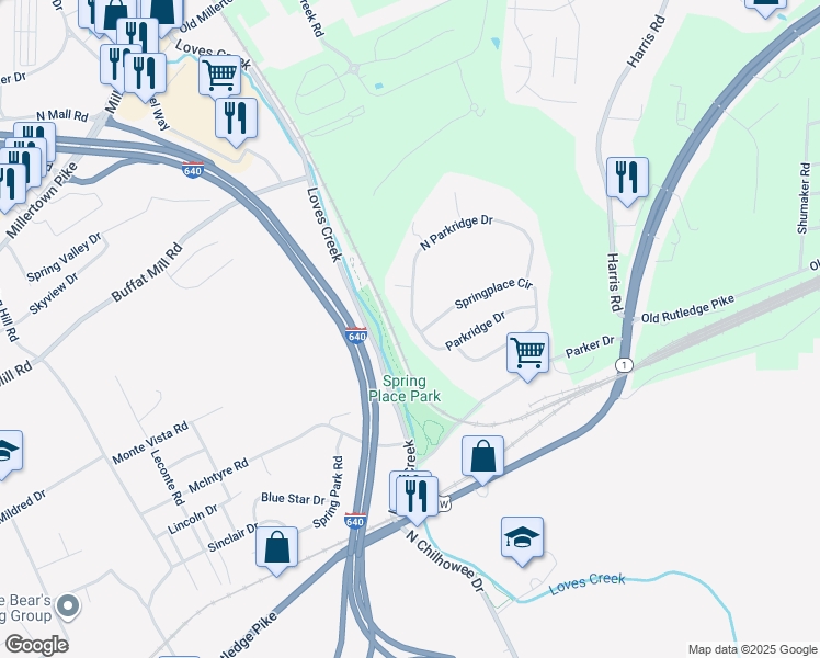 map of restaurants, bars, coffee shops, grocery stores, and more near 1401 Parkridge Drive in Knoxville